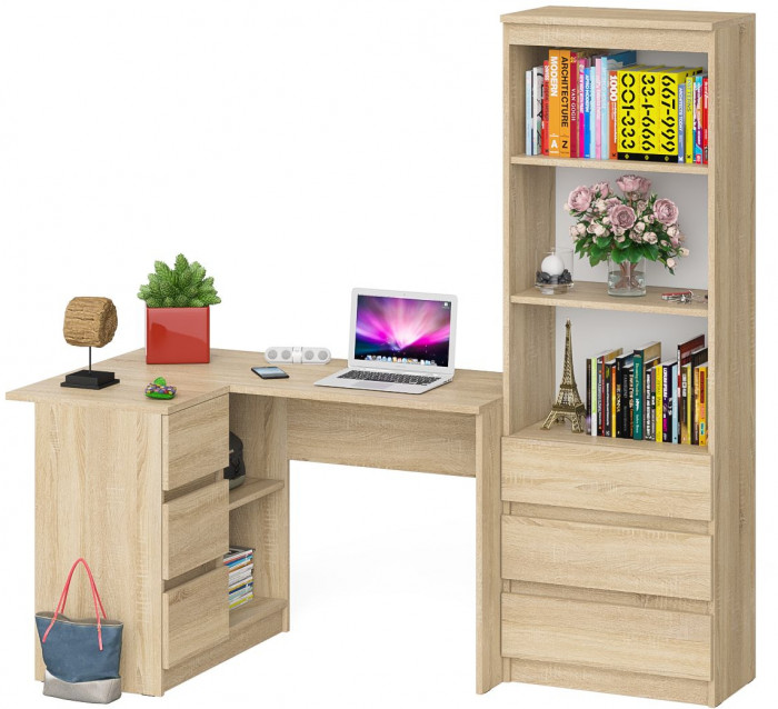 Мори Стол компьютерный МС-16 левый + Стеллаж МСТ600.3, цвет дуб сонома, ШхГхВ 184,8х84,9х179,6 см., выдвижные ящики слева, НЕ универсальная сборка