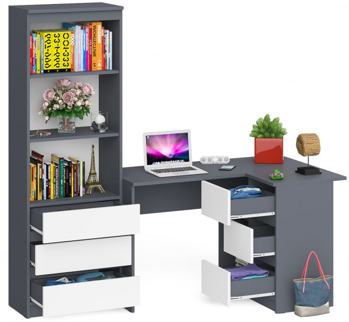Мори компьютерный стол МС-16 правый + Стеллаж МСТ600.3, графит/белый