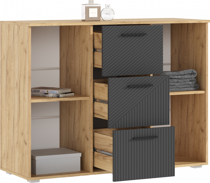 Сильвия Комод (3 ящика/2 двери) 1200, Браш Графит/Дуб крафт