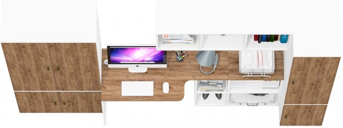 Лидер-8 Шкаф МД 20Б + Стол + Полка + Пенал 23Б, цвет белый шагрень/крафт золото, ШхГхВ 285х50/37,5х75/190 или 195х120х75/190 см., НЕ ун.сб.