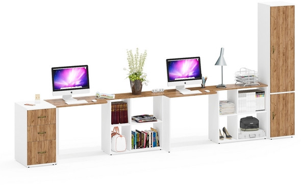 Лидер-8 Стол + Стол + Пенал МД 21Б + Тумба МД 3.16, цвет белый шагрень/крафт золото, ШхГхВ 410х50/37,5х75/190 или 270х120/50х75/190 см., НЕ ун. сб.