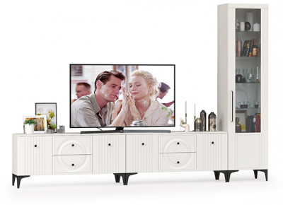 Валенсия Гостиная № 079, цвет ЛДСП белый шагрень/МДФ белый шагрень, ШхГхВ 321,2х38,3х225,2 см., универсальная сборка