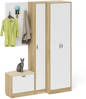 Прихожая П-6 Компоновка № 27, цвет дуб сонома/фасады МДФ белое дерево фрезеровка ромб, ШхГхВ 150х50х210 см., универсальная сборка