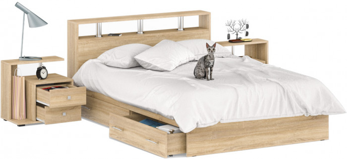 Камелия Кровать с ящиками 1400 + две тумбы, цвет дуб сонома, ШхГхВ 256х217х78,2 см., сп.м. 1400х2000 мм., без матраса, основание есть