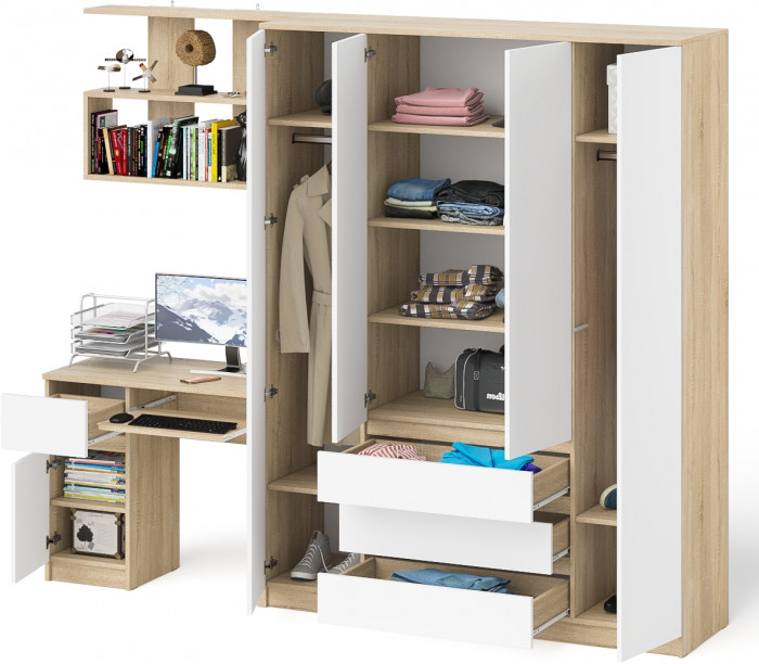 Мори Стол компьютерный МС-1 левый + Шкаф МШ1600.1 + Полка 900, цвет дуб сонома/белый, ШхГхВ 250,4х50,4х209,6 см., НЕ универсальная сборка