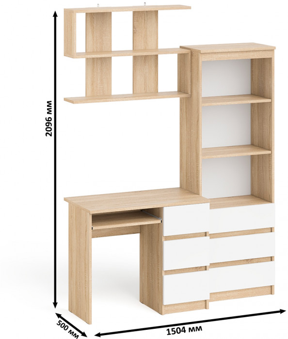 Мори Стол компьютерный МС-6 правый + Стеллаж МСТ600.3 + Полка 900, цвет дуб сонома/белый, ШхГхВ 150,4х50х209,6 см., НЕ универс. сборка