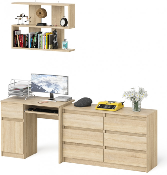 Мори компьютерный стол МС-1 левый + Комод МК1200.6 + Полка 900, дуб сонома