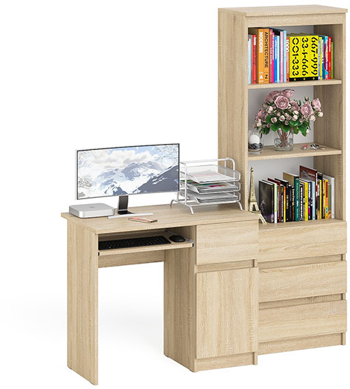 Мори компьютерный стол МС-1 правый + Стеллаж МСТ600.3, дуб сонома