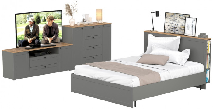 Остин 11.53 Кровать + ортопед + 16.47 Тумба под ТВ + 16.221 Комод, серый графит/дуб крафт золотой