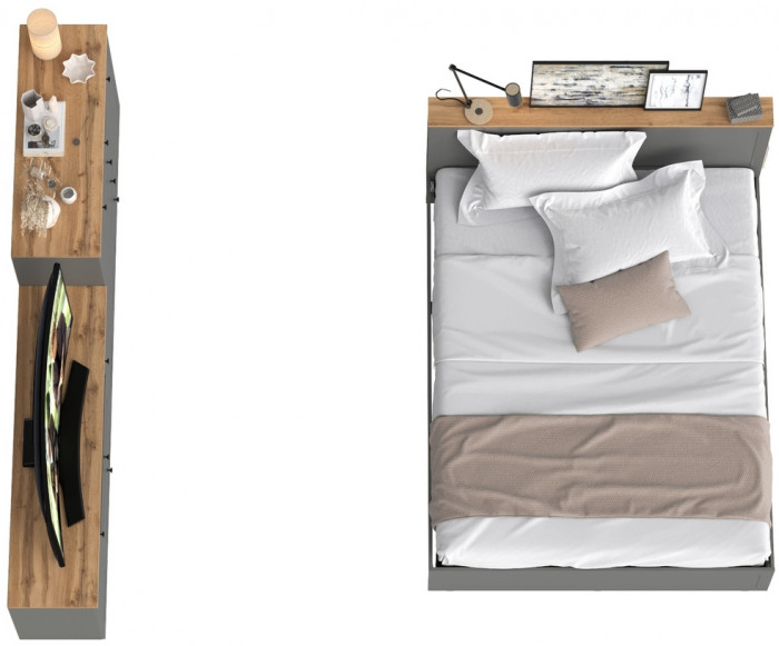 Остин 11.53 Кровать + ортопед + 16.47 Тумба под ТВ + 16.221 Комод, серый графит/дуб крафт золотой