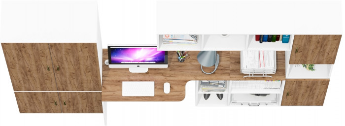 Лидер-8 Шкаф МД 20Б + Стол + Полка + Пенал, цвет белый шагрень/крафт золото, ШхГхВ 285х50/30х75/190 или 195х120х75/190 см., НЕ ун.сб.