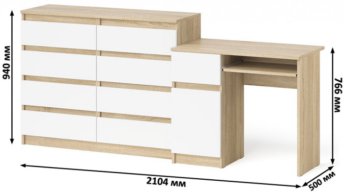 Мори Стол компьютерный МС-1 левый + Комод МК1200.8, цвет дуб сонома/белый, ШхГхВ 210,4х50х94 см., выдвижной ящик слева, НЕ универсальная сборка