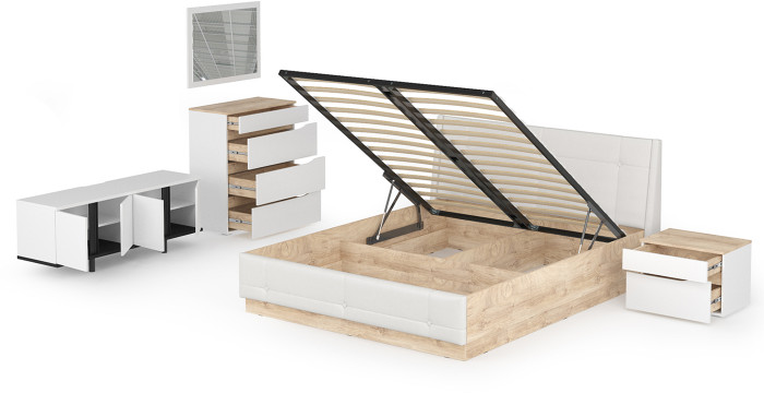 Муссон Кровать 11.28 + под. ортопед + 16.03 + 13.97 + Зеркало СВК + Тумба ТВ 13.276, белый/чёрный/дуб эндгрейн элегантный/кожзам белый, 1600х2000, б/м