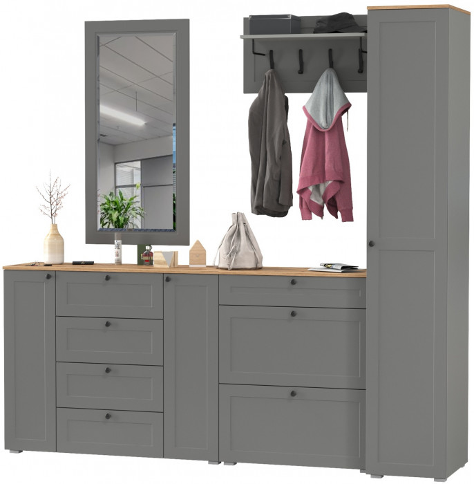 Остин Прихожая 57, цвет серый графит/дуб крафт золотой, ШхГхВ 240х54,3х229,6 см., универсальная сборка