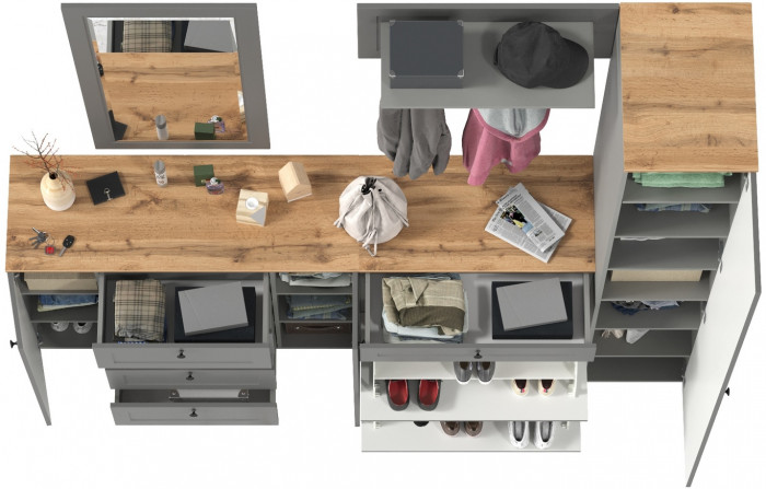 Остин Прихожая 57, цвет серый графит/дуб крафт золотой, ШхГхВ 240х54,3х229,6 см., универсальная сборка