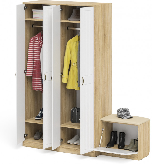 Прихожая П-6 Компоновка № 07, цвет дуб сонома/фасады МДФ белое дерево фрезеровка прованс, ШхГхВ 180х50х210 см., универсальная сборка