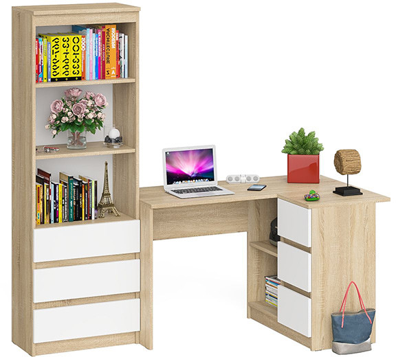 Мори компьютерный стол МС-16 правый + Стеллаж МСТ600.3, дуб сонома/белый