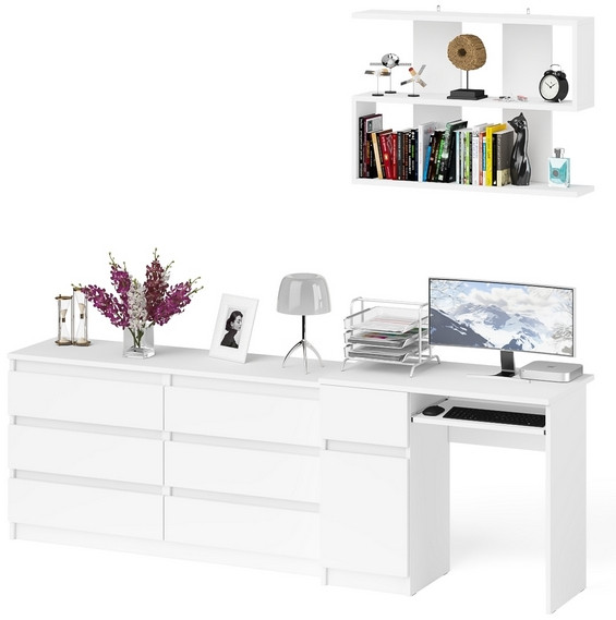 Мори Стол компьютерный МС-1 левый + Комод МК1380.6 + Полка 900, цвет белый, ШхГхВ 228х50х209,6 см., НЕ универсальная сборка