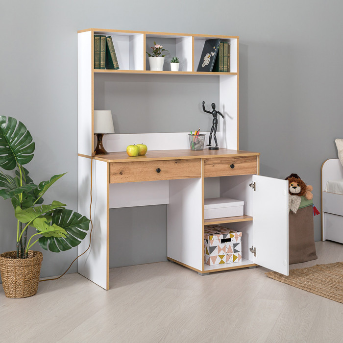 Вуди письменный стол 12.42 + Надстройка на стол 13.161, белый премиум/дуб крафт золотой