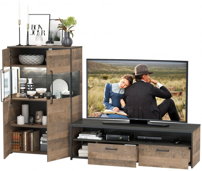 Трувор 13.70 Тумба под ТВ + 13.306 Комод с витриной, цвет дуб гранж песочный/интра, ШхГхВ 235,6х45,4х135,3 см., универсальная сборка