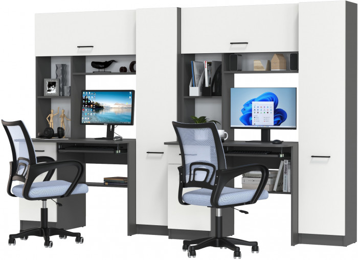 Два стола рабочих 6-0603 Альфа + два кресла 103 серых, цвет графит/белый, ШхГхВ 274х61х181 см., универсальная сборка