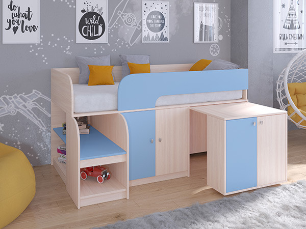 Кровать чердак Астра 9 V8 Дуб молочный/Голубой