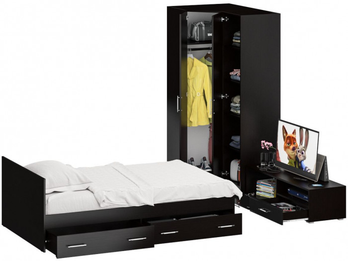 Спальня Стандарт 4-1200Я, венге/фасады ТВ тумбы МДФ чёрный глянец