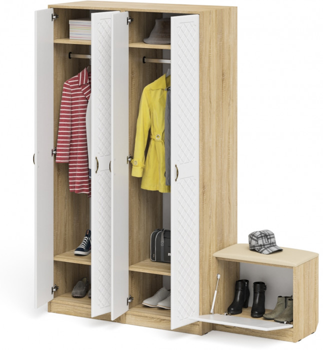 Прихожая П-6 Компоновка № 07, цвет дуб сонома/фасады МДФ белое дерево фрезеровка ромб, ШхГхВ 180х50х210 см., универсальная сборка