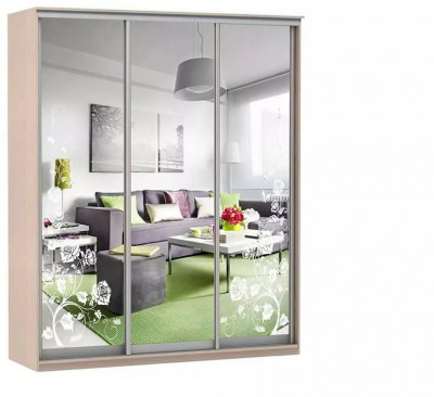 Шкаф купе Модерн 2076х450 3-х дверный 3-х секционный зеркальный с пескоструем №3 ясень