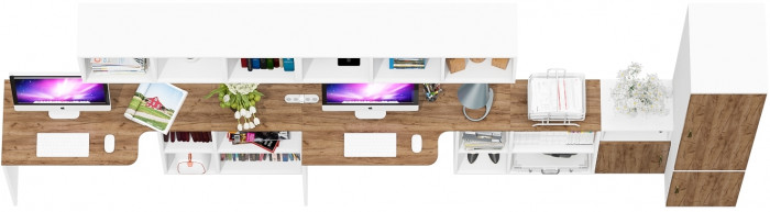 Лидер-8 Стол + Полка + Стол + Полка + Пенал МД 23Б + Тумба МД 3.19, цвет белый шагрень/крафт золото, 410х50х75/190 или 230х160/50х75/190, НЕ ун. сб.