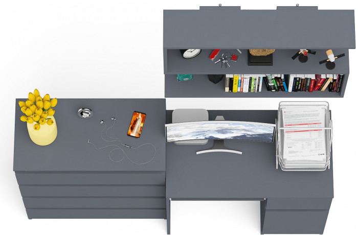 Мори Стол компьютерный МС-1 правый + Комод МК800.4 + Полка 900, цвет графит, ШхГхВ 170,4х50х209,6 см., НЕ универсальная сборка