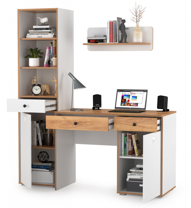 Вуди Компоновка № 03, цвет белый премиум/дуб крафт золотой, ШхГхВ 155х52,7х180,3 см., универсальная сборка