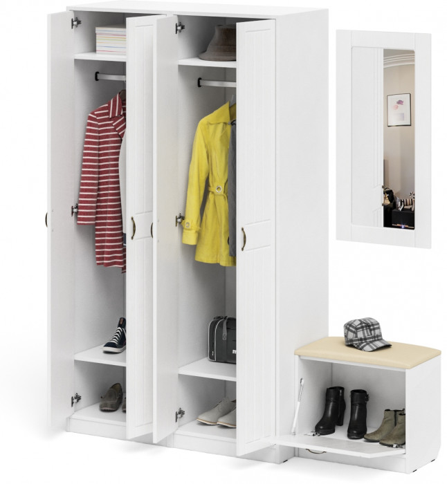 Прихожая П-6 Компоновка № 08, цвет белая шагрень/фасады МДФ белое дерево фрезеровка прованс, ШхГхВ 180х50х210 см., универсальная сборка