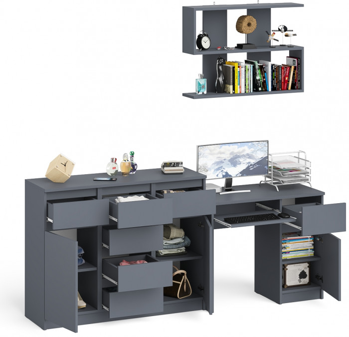 Мори компьютерный стол МС-1 правый + Комод МК1200.4 + Полка 900, графит